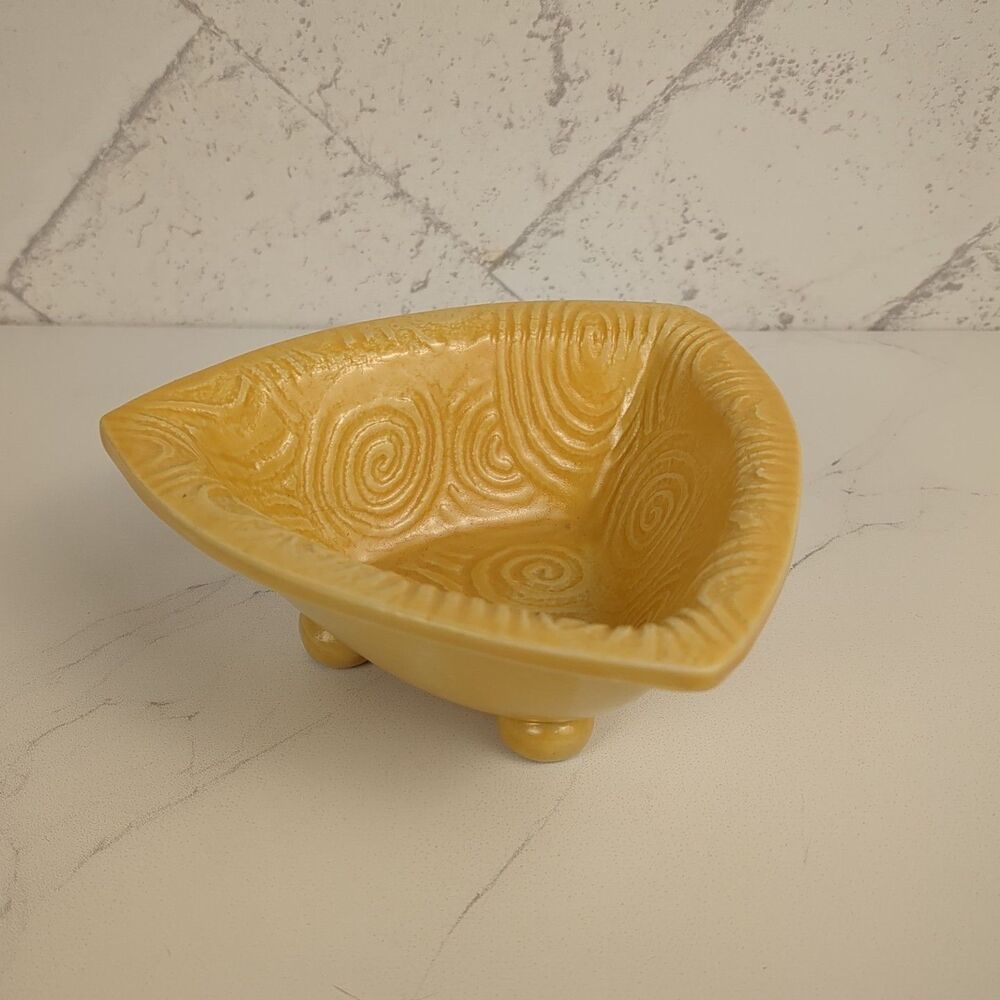 Triangle Footed Bowl Swirl Design Yellow Signed ASH 1980s Y2K Trinket Dish